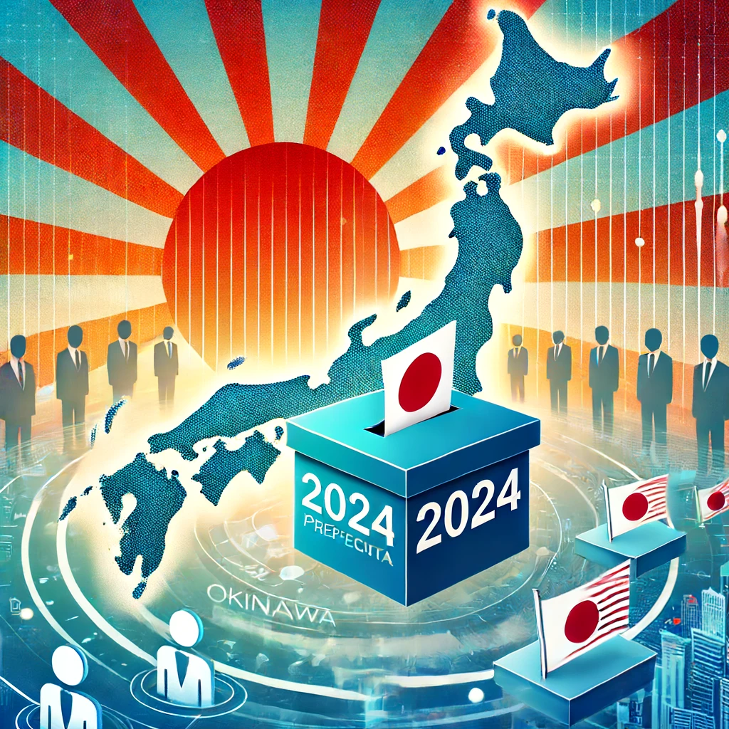 沖縄県議選2024の結果を象徴する画像。投票箱、沖縄県の地図、日本の国旗が描かれています。背景には沖縄の海岸線と投票シンボルが重なっています。