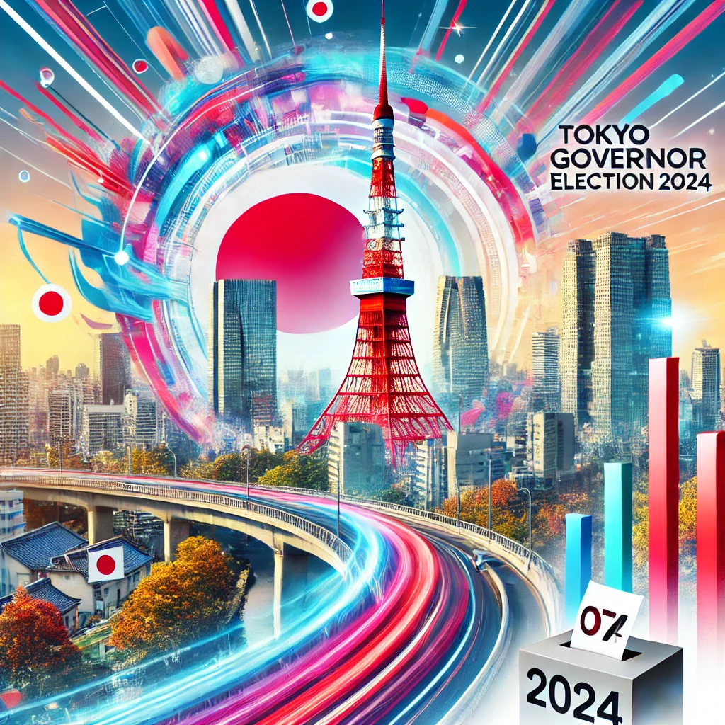 東京都知事選2024の象徴的な画像。東京の都市景観と投票用紙、日本の国旗が描かれています。